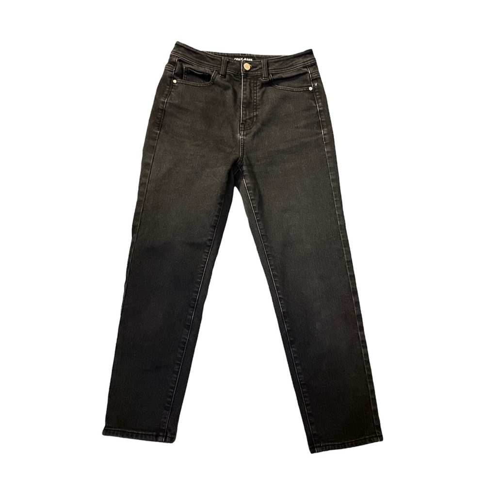 black high-waisted straight-leg jeans